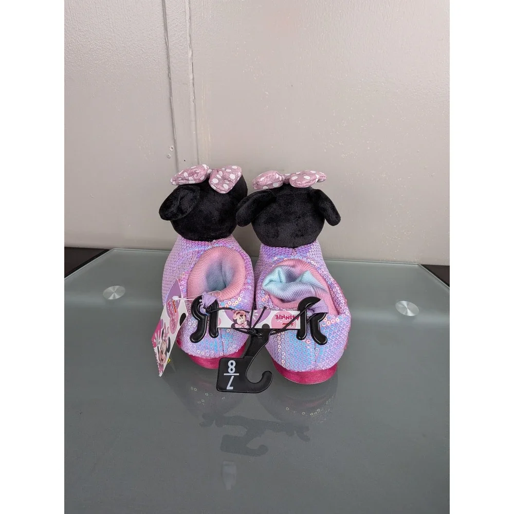Disney Minnie Mouse Toddler Girls Sequin Plush Slippers Pink Iridescent Size 7/8